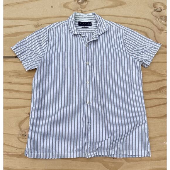 Abercrombie & Fitch‎ Button Down Short Sleeve Men’s Linen Blend White Gray Sz. M - Picture 1 of 8